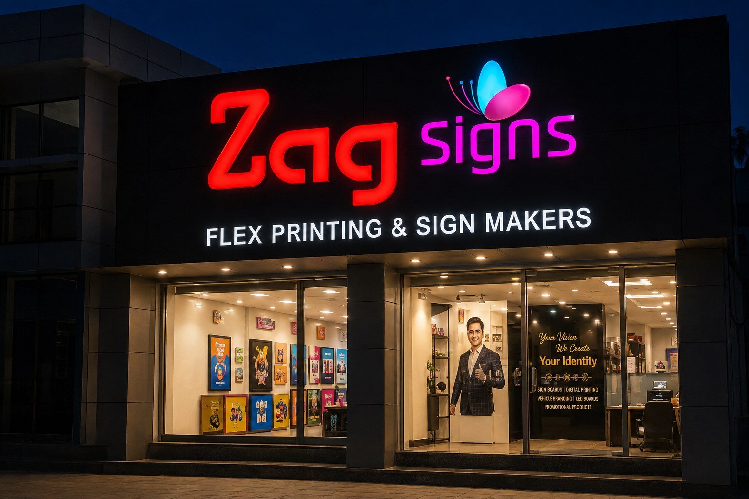 Zag Signs flagship studio, illuminated storefront
